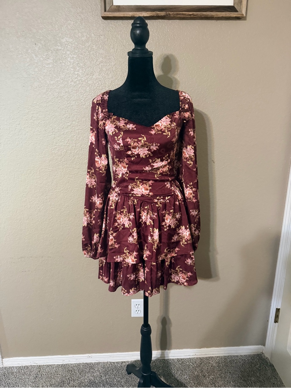 Trixxi Burgundy Floral Long-Sleeve Tiered Mini Dress